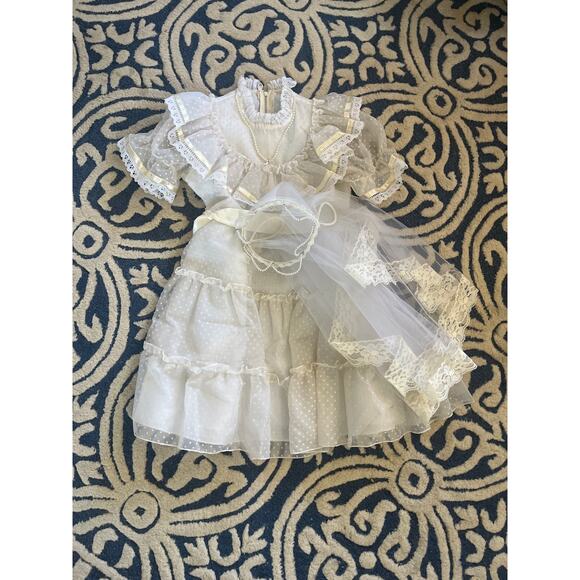 Other - Vintage First Communion Easter White Short Sleeve Lace Dress with Veil